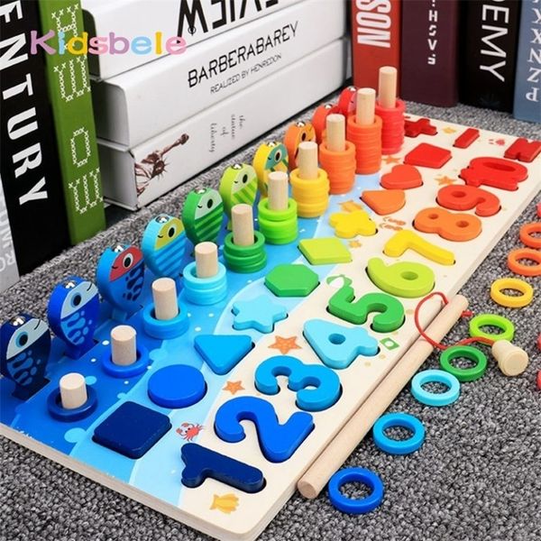 Bambini Montessori matematica giocattoli per i più piccoli educativi puzzle di legno pesca giocattoli conteggio numero forma corrispondenza sorter giochi giocattolo da tavolo LJ200907