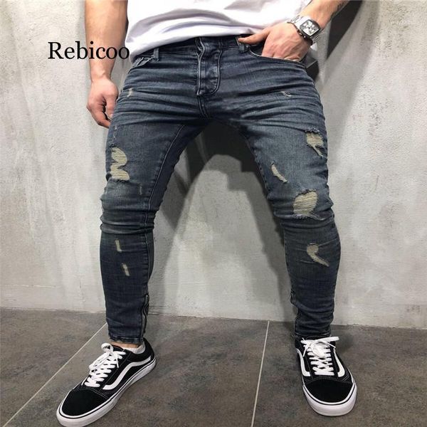 

s-4xl boys mens ripped jeans stretchy skinny slim fit denim pants destroyed frayed moustache effect trousers fashion streetwear1, Blue