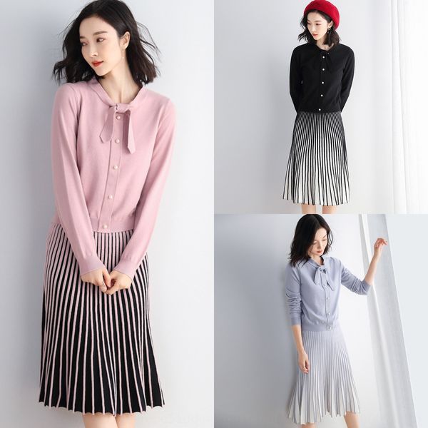 

autumn 2020 new style women's wear korean sleeve knitted bottomed small skirt long skirtperfume long skirt fragrance medium length dres, Black;gray