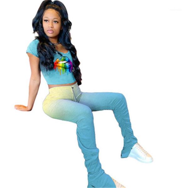 

sets fashion hip hop short sleeve tees two piece sets clothes designer female loose round neck trousers tracksuit women gradient lips, White