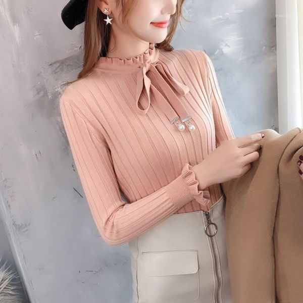 

women autumn winter solid color slim sweet sweater lady long-sleeve high collar slim bottoming knit sweaters1, White;black