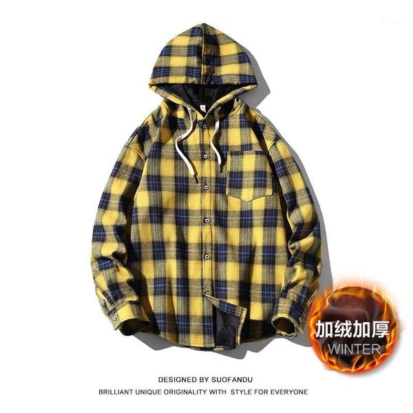 

thicken winter hooded men shirt hip hop lattice yellow button loose shirt men casual student mens coat large size bb60ncs1, White;black
