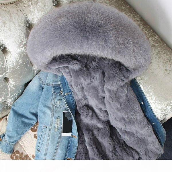 

oftbuy 2020 winter jacket women real fur coat parka real raccoon collar rex rabbit liner striped bomber denim jacket streetwear, Black