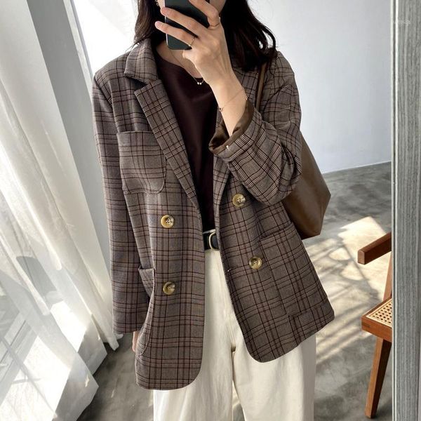 

autumn vintage plaid women blazer coats casual double breasted chic female blazers fashion winter long sleeve ladies blazers1, White;black