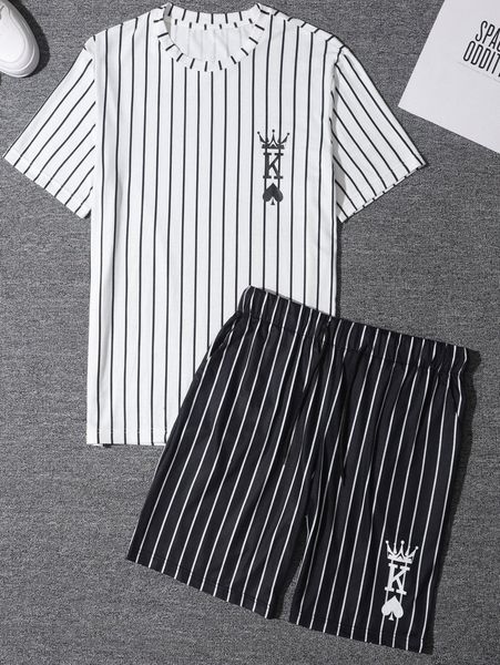 

men random vertical striped & playing card print tee & drawstring waist shorts t72a#, Gray