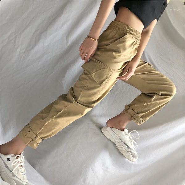 

2020 women cargo pants casual cotton elastic wasit trousers streetwear punk cargo pants women capris loose joggers trousers1, Black;white