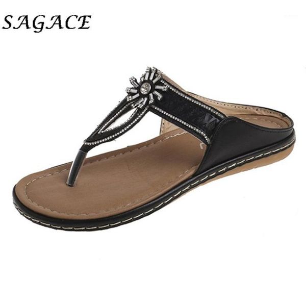 

sagace home slippers women flat sandals leather shoes rhinestone sandals summer slippers women rubber beach casual shoes1, Black