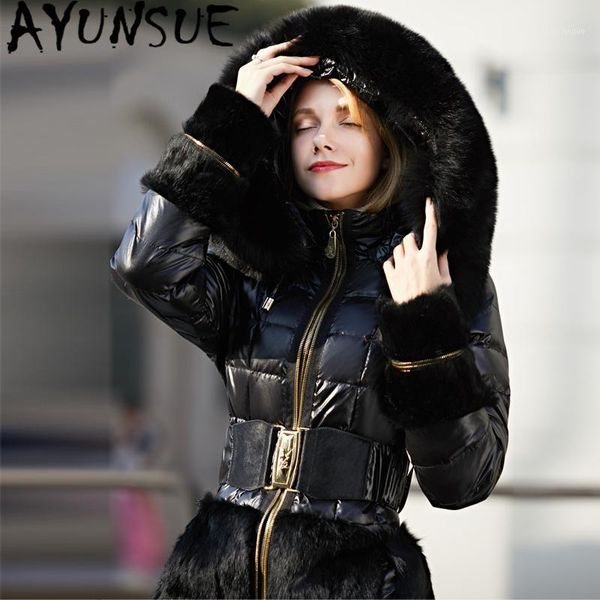 

ayunsue real fur hooded women's winter down jacket female 90% duck down coat woman thick warm parkas mujeres abrigos u131081, Black