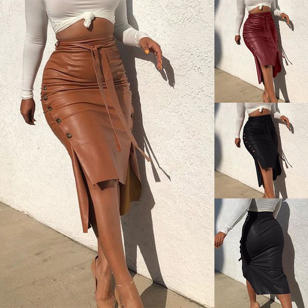 

fashion ladies skirts womens leather skirt slit long slim-fit lace up skirts solid color high waist pencil pu casual club wear size s~3xl, Black