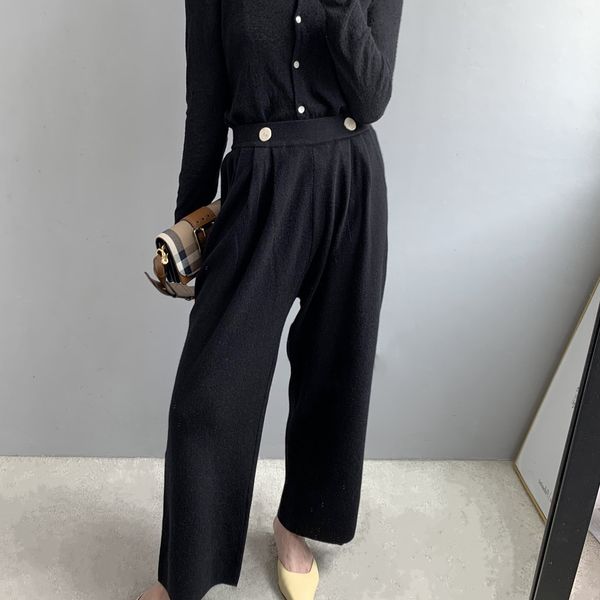 

2021 new autumn high waist long knitted straight ankle length women warm wide leg pants female trousers 2z3b, Black;white