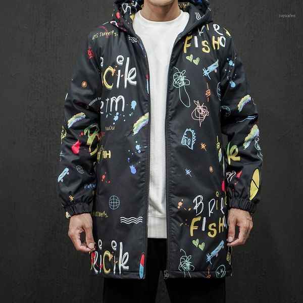 

winter parka men new graffiti warm thicken jacket mens outerwear long hooded coat loose windbreaker cotton-padded large m-5xl1, Black