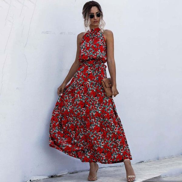 

women party dress elegant flower long red summer dress ladies floral maxi dress lady polka dot bohemian boho dresses for women, Black;gray