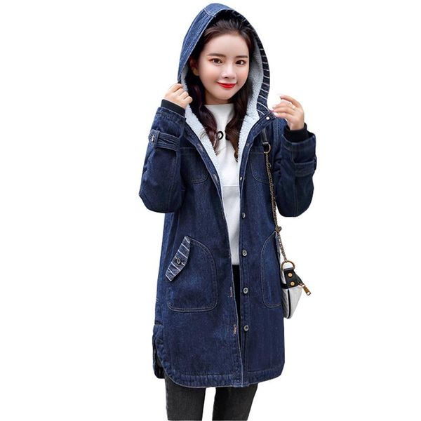 

women's jackets winter fur denim jacket women bomber long sleeve washed blue jeans coat with warm lining jean female plus size, Black;brown