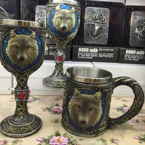 

1piece wolf beer mug cool celtic resin stainless steel 3d wolf goblet drinkware mug gothic dinner party decor y200106