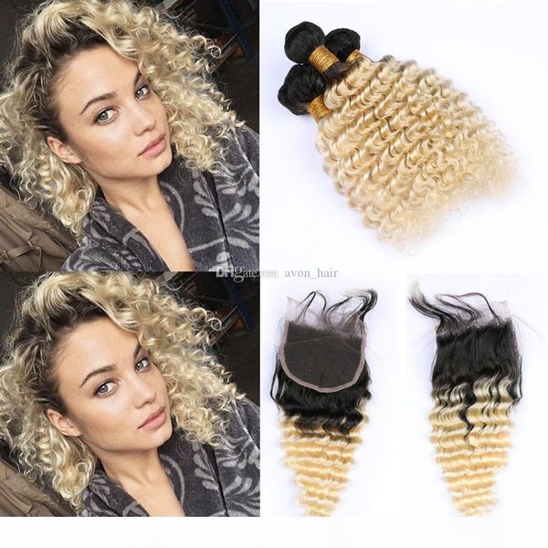 

ombre colored 1b 613 deep curly hair weaves with closure 4x4 dark roots 1b 613 deep wave hair wefts with closure, Black;brown