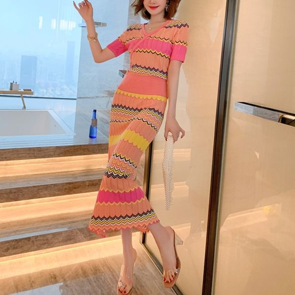 

new fashion 2020 designer 2 piece set women's short sleeve elegant temperament v-neck elastic waist stripe long skirts set t200702, White