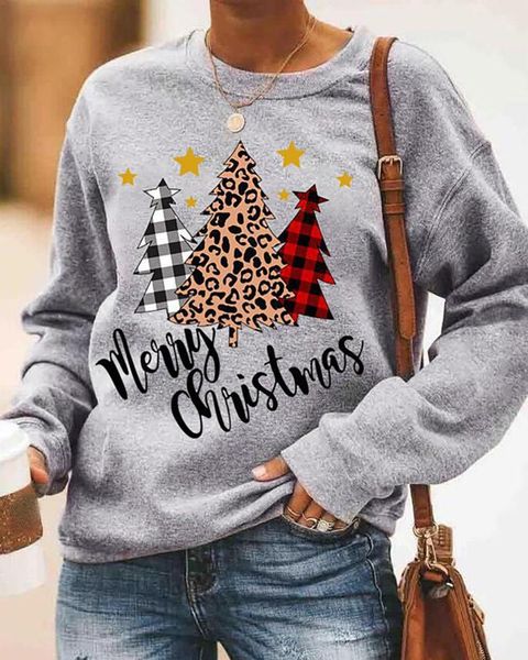 

2020 women autumn spring fashion basic long sleeve christmas letter tree print long sleeve casual sweatshirt plus size 3xl, Black