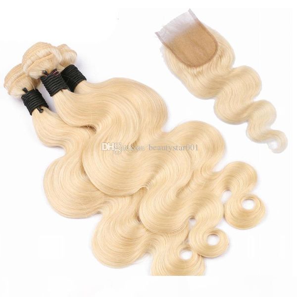 

ombre brazilian human hair 613# blonde straight body wave bundles with 4x4 lace closure middle three part lace closure with 3 bundles, Black;brown