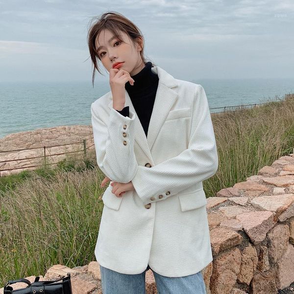 

vintage autumn women blazer corduroy elegant korean fashion long sleeve blazer casual loose casaco feminino jacket women de50xz1, White;black