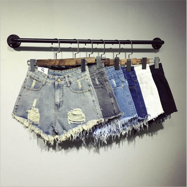 

high waist ripped denim shorts women spring and summer raw edge wide leg loose plus fat plus size pants, White;black