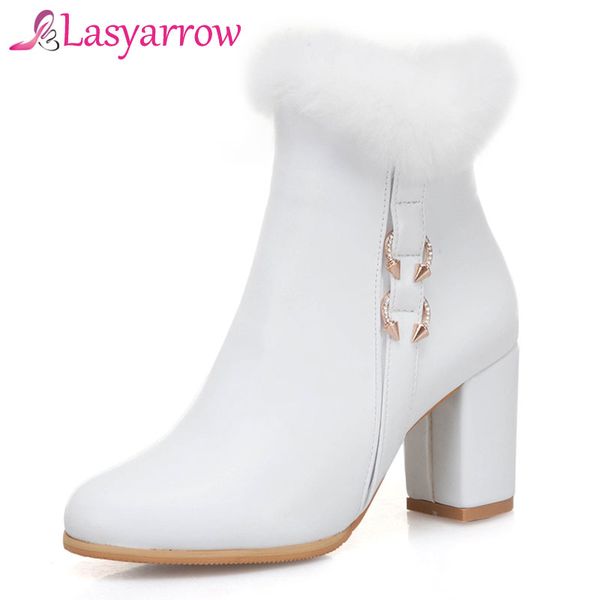 

lasyarrow winter plus fur snow boots autumn black white ankle boots for women high heels footwear large size 33-52 women's shoes
