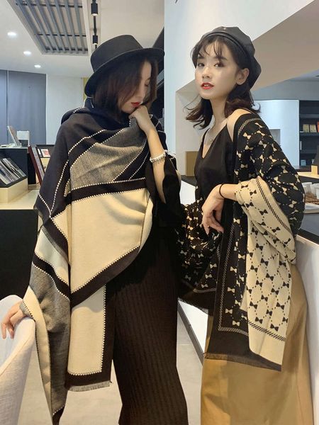 

2020 new bow pattern cashmere like scarf autumn and winter thickened warm shawl women's korean version net red neck, Blue;black