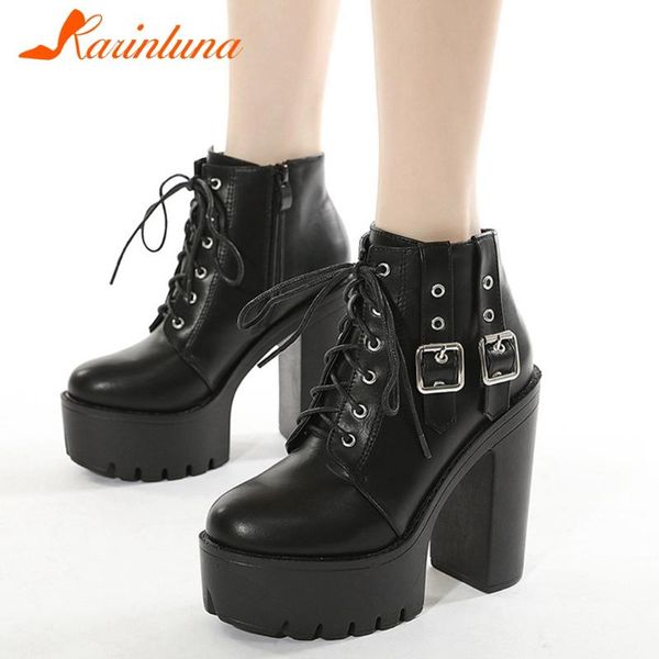 

karin 2021 new arrival drops ship woman shoes buckle straps round toe leisure cross-tied platform ankel booties zip, Black