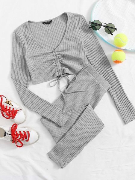 

drawstring ruched front rib-knit crop & leggings set h6hk#, White