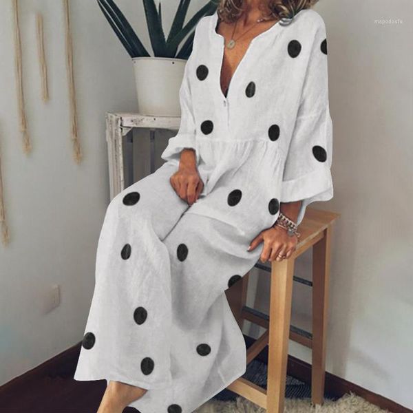 

polka dot maxi dress v-neck long sleeve casual boho beach dress plus size women fashion elegant button down loose office1, Black;gray