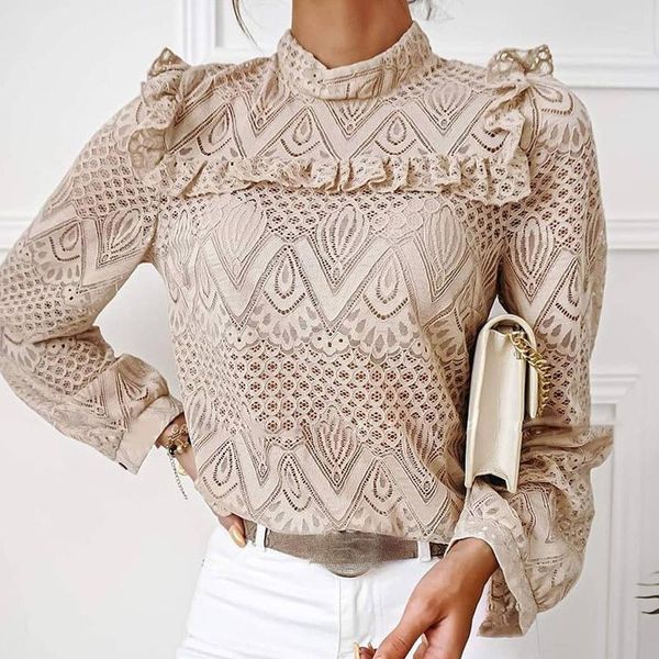 

women autumn lace blouses shirt winter turtleneck hollow out office ladies solid color shirt long sleeve ruffle work blouse, White