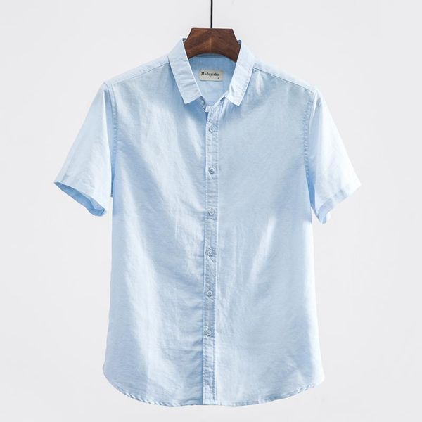 

men's casual shirts brand short sleeve linen shirt men summer sky blue mens flax and cotton male plus size 4xl camisa de marca, White;black