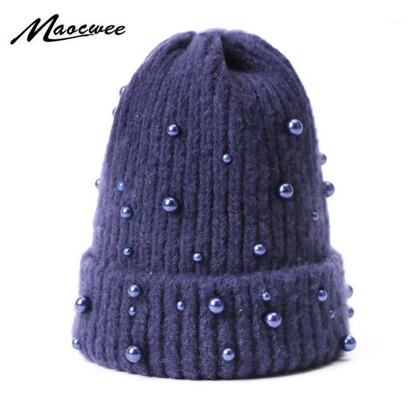 

beanies pearl hat for women girls winter knitted warm ski cap female headgear pompon skullies outdoor solid color bonnet1