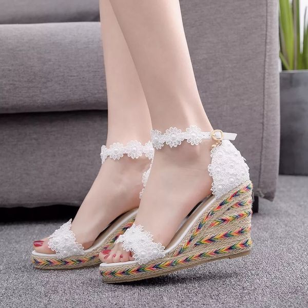 nuove donne sandali con zeppa fiori di pizzo bianco zeppe da sposa tacchi alti open toe scarpe estive scarpe da sposa grandi dimensioni