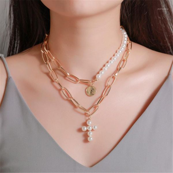 

chokers luxury design imitation pearl necklace exaggerated cross female thick chain multilayer disc portrait pendant gift1, Golden;silver