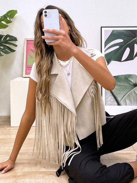 

fringe trim zip up studded detail suede vest jacket y0km#, Black;brown