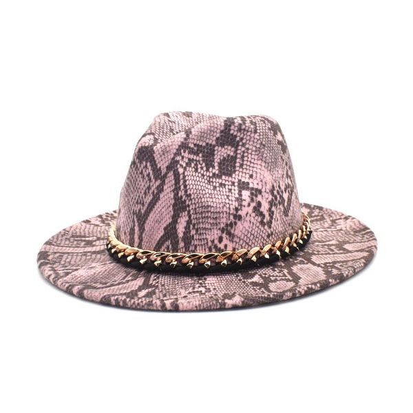 

new wool fedoras hats women autumn winter snake print chain wide brim panama jazz caps vintage cowboy hat men f113, Blue;gray