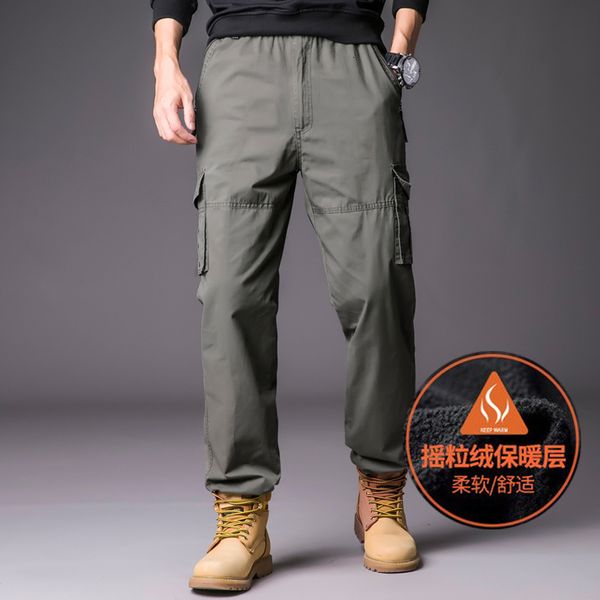 

2021 new autumn winter cotton solid cargo pants men work fleece lined business fashion male trousers plus size 5xl z17g, Black