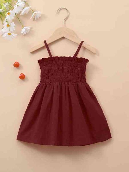 

baby shirred frill trim cami dress she, Red;yellow