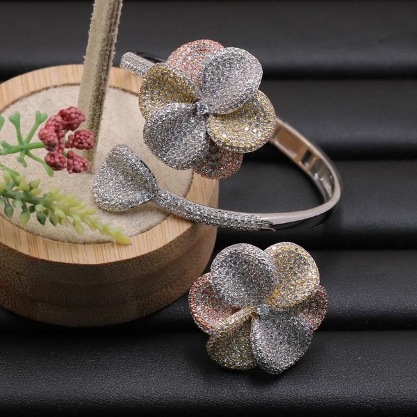 

lanyika jewelry set fleshiness flowers bangle with ring for girl banquet wedding micro inlay popular luxury gifts, Silver