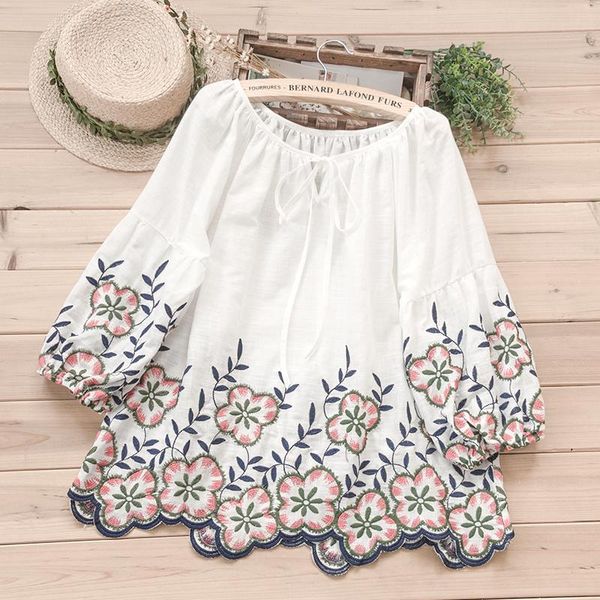 

mori girl 2020 embroidery women shirt cotton white three quarter sleeve autumn spring elegant fashion loose yoyikamomo