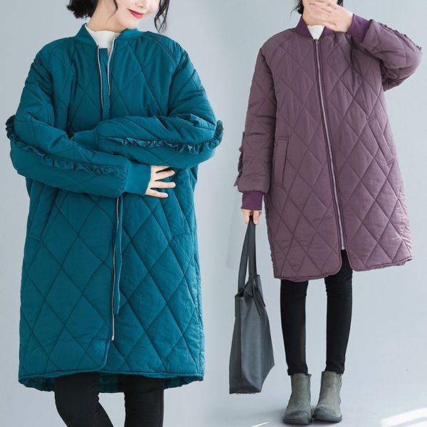 

retro down cotton clothing women's jackets 2020 new winter large size loose quilted padded rhombic zipper long parka coat n1092, Black