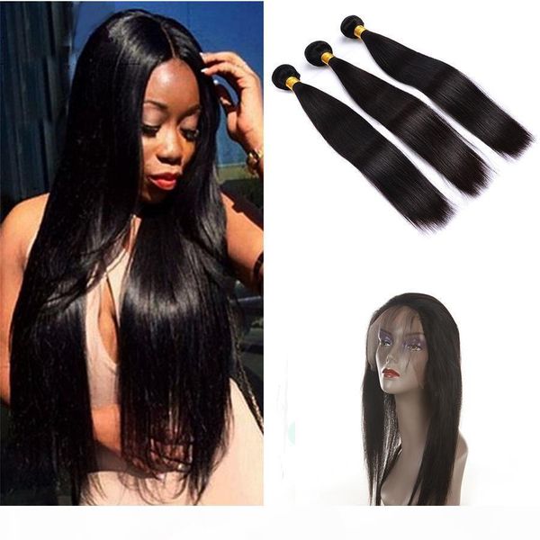 

glamorous 360 lace frontal with bundles peruvian indian malaysian brazilian straight human hair 3 bundles with 360 lace frontal closure, Black;brown
