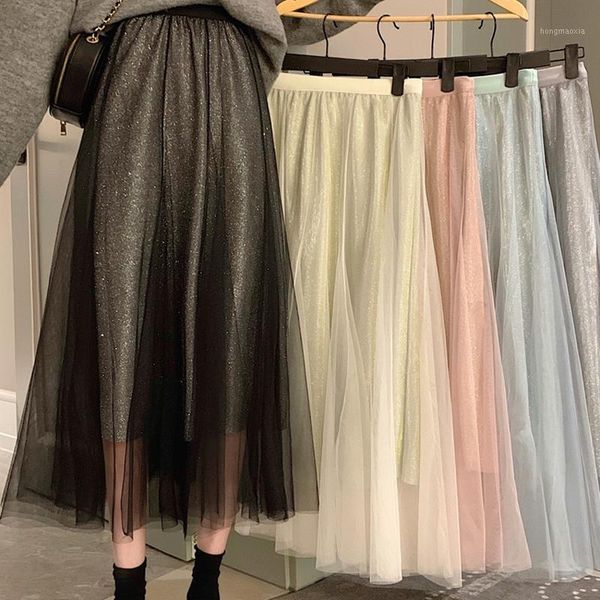 

spring autumn fashion skirts women shiny tulle skirt sequined pleated a-line midi skirt chic elastic high waist female1, Black