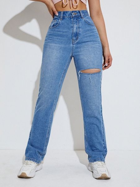 

ripped high waist straight leg jeans d9h2#, Blue
