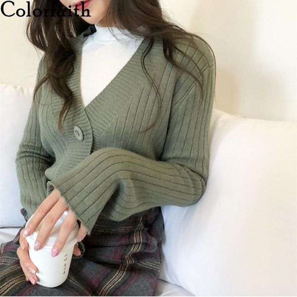 

colorfaith new 2021 women's sweaters spring autumn fashionable casual v-neck single breasted knitting short cardigans swc356, White