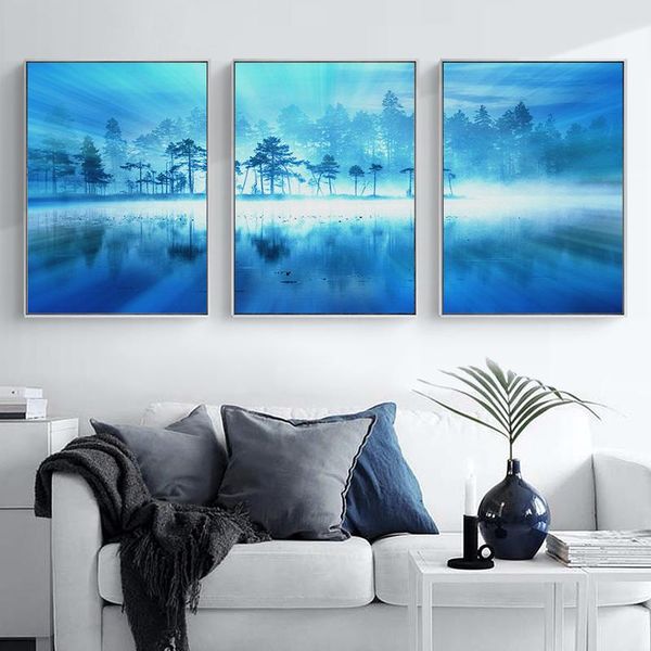 

paintings blue forest landscape poster wall art lake canvas painting nordic and print pictures for living room bedroom home decor