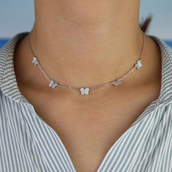 

fashion white cz butterfly charm necklace for women cute beautiful animal design minimal delicate 35+10cm choker necklaces, Golden;silver