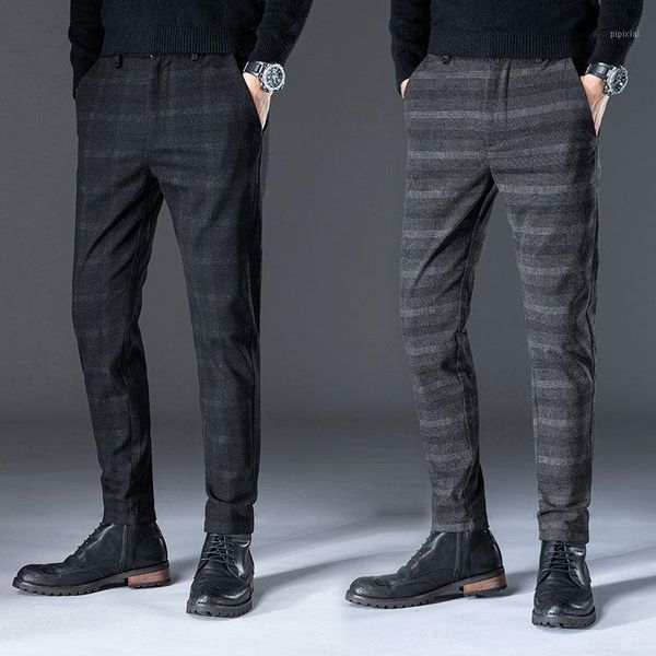 

mens autumn winter sanded casual pants men plaid elastic slim straight cotton grey black trousers size 28-40,6281