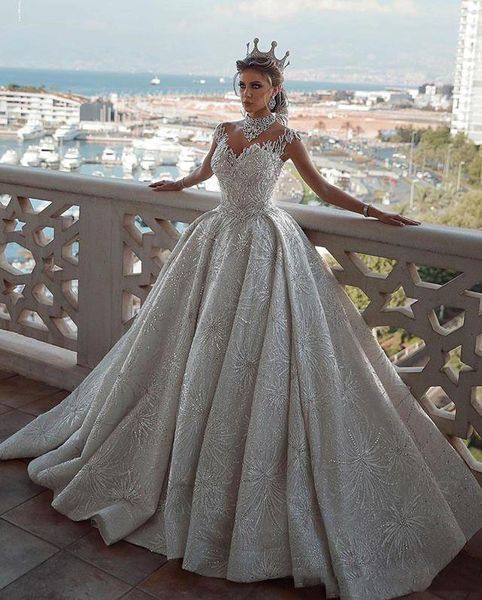 

2021 luxury arabic wedding dresses off shoulder lace tulle beads dubai bridal gowns sweep train vestidos de novia country wedding dress, White