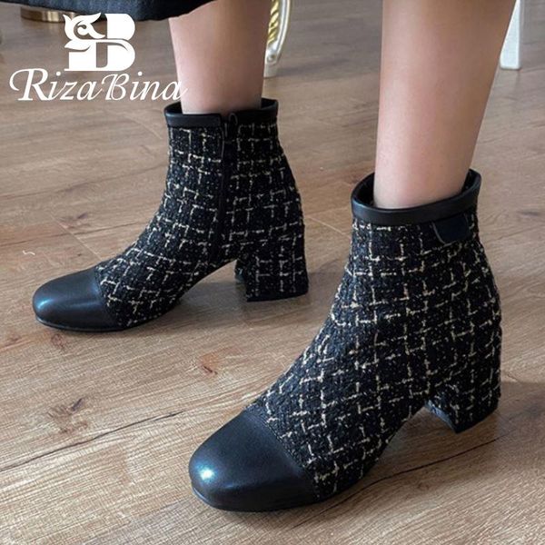 

rizabina size 32-46 women ankle boots flock thick high heel zipper shoes pointed toe winter warm boots women fashion party footw, Black
